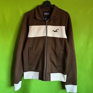 Hollister Mens Brown Cream Colorblock Full Zip Track Jacket Size M Seagull Logo